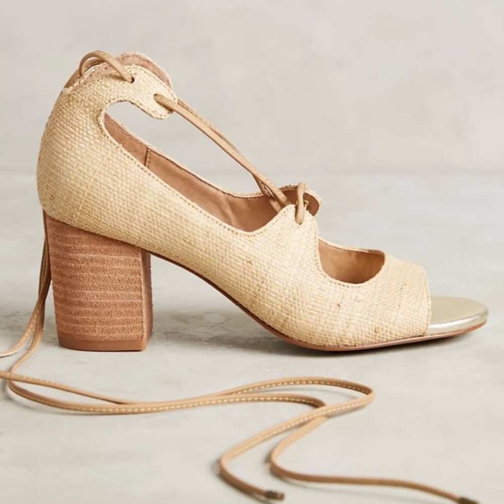 Anthropologie Bettye by Bettye Muller Zeffa Lace Up Straw Heels Size 8 1…